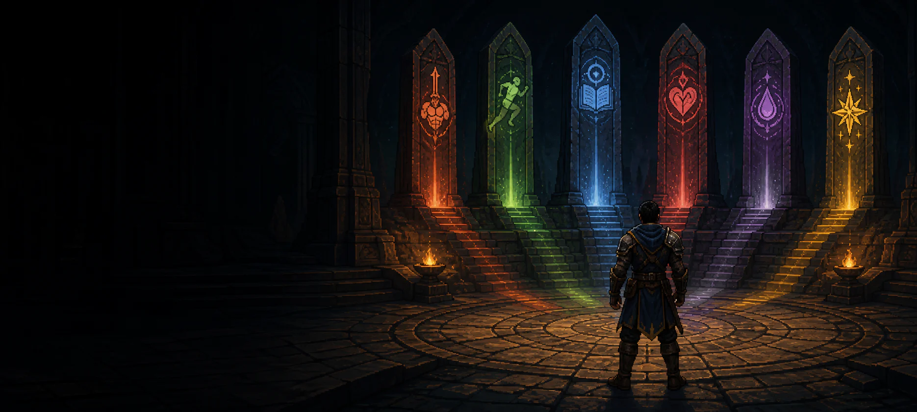 An adventurer stands before six glowing paths representing TibiaScape's Mastery attributes