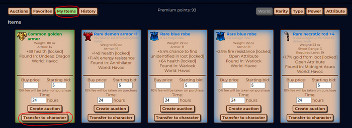 Transfer an item to a character